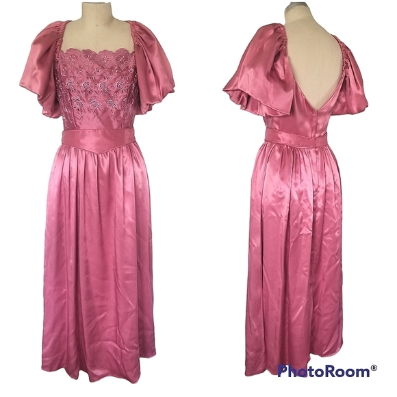 Vintage Union Made 80s Puff Sleeve Satin Pink Embrodiered Floral Midi Dress - Picture 3 of 16